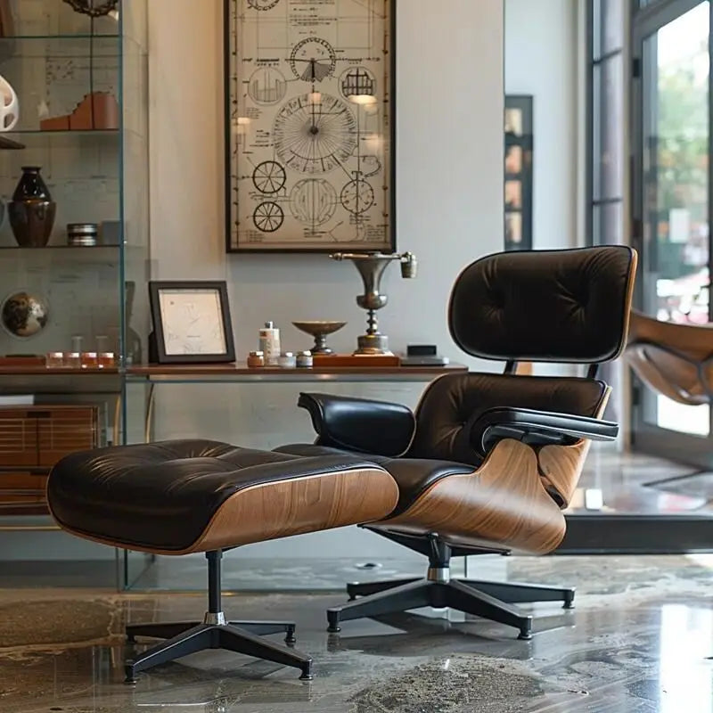 Fauteuil de salon et ottoman en cuir véritable — Modèle Noyer