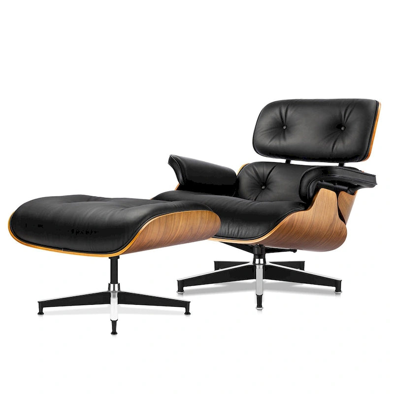 Fauteuil de salon et ottoman en cuir véritable — Modèle Noyer