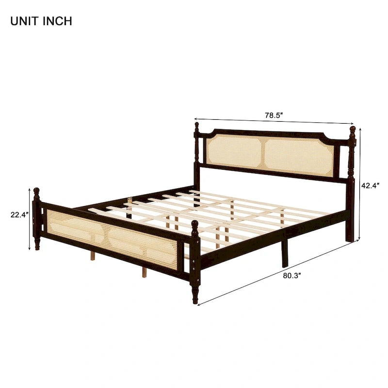 Lit en bois avec tête de lit et pied de lit en rotin, lit plateforme King size à profil bas avec plateforme de lit centrale améliorée