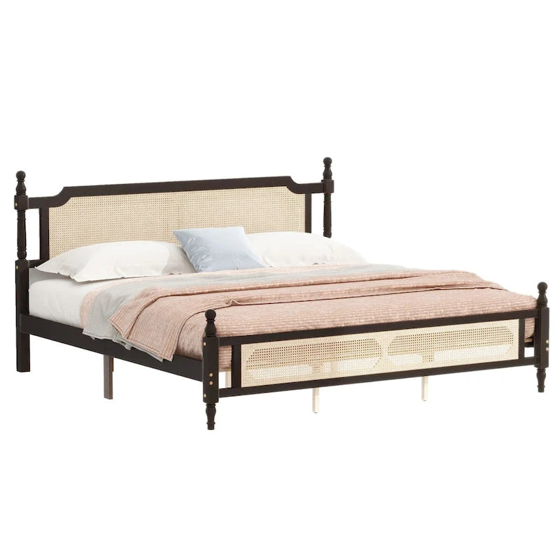 Lit en bois avec tête de lit et pied de lit en rotin, lit plateforme King size à profil bas avec plateforme de lit centrale améliorée