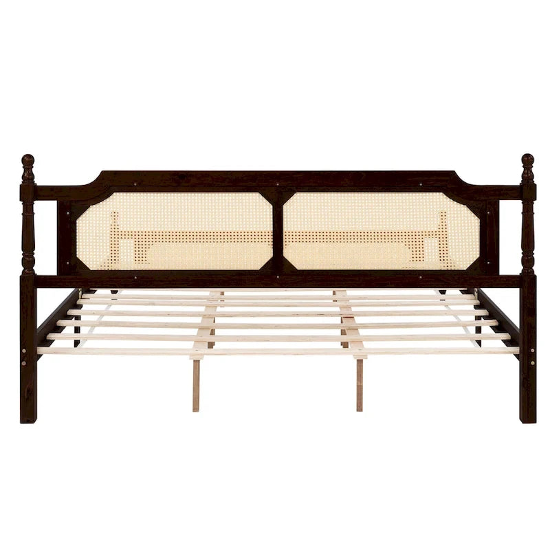 Lit en bois avec tête de lit et pied de lit en rotin, lit plateforme King size à profil bas avec plateforme de lit centrale améliorée