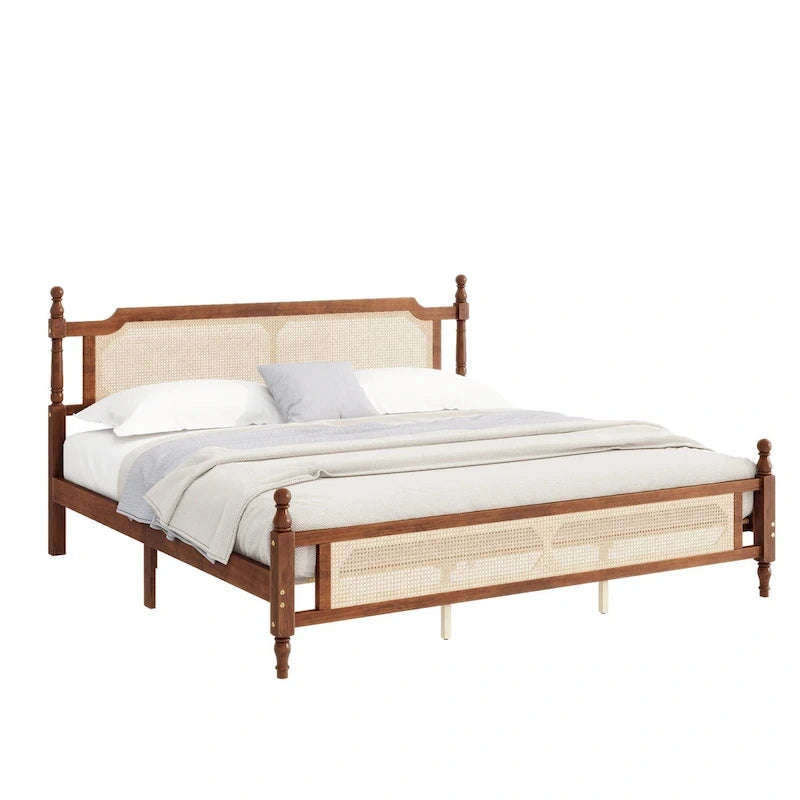 Lit en bois avec tête de lit et pied de lit en rotin, lit plateforme King size à profil bas avec plateforme de lit centrale améliorée