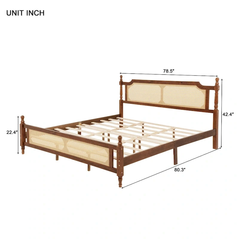 Lit en bois avec tête de lit et pied de lit en rotin, lit plateforme King size à profil bas avec plateforme de lit centrale améliorée