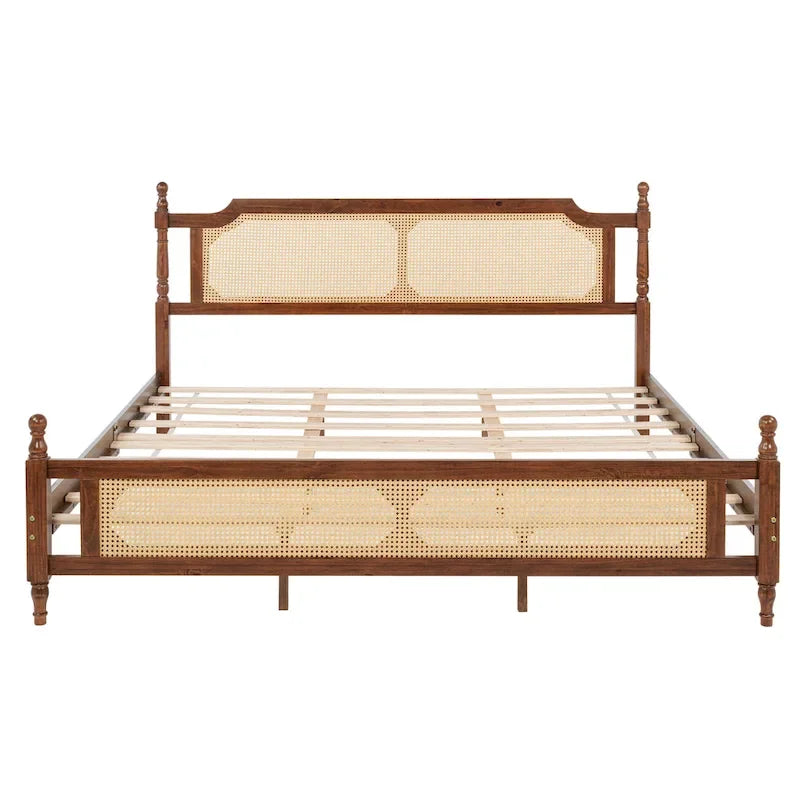 Lit en bois avec tête de lit et pied de lit en rotin, lit plateforme King size à profil bas avec plateforme de lit centrale améliorée