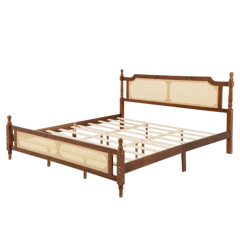 Lit en bois avec tête de lit et pied de lit en rotin, lit plateforme King size à profil bas avec plateforme de lit centrale améliorée