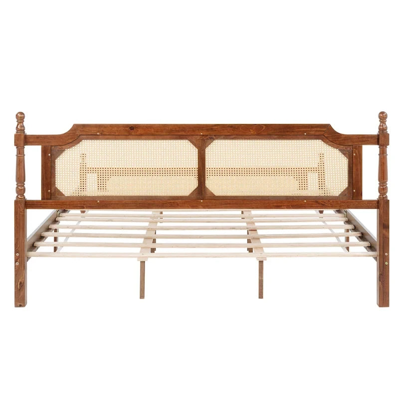 Lit en bois avec tête de lit et pied de lit en rotin, lit plateforme King size à profil bas avec plateforme de lit centrale améliorée