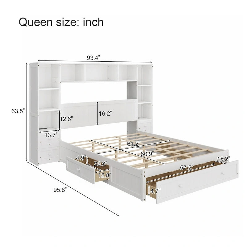 Lit plateforme en bois de pin avec 2 tables de chevet tout-en-un, une bibliothèque, 2 stations de charge et 3 tiroirs, Cadre de lit capitaine