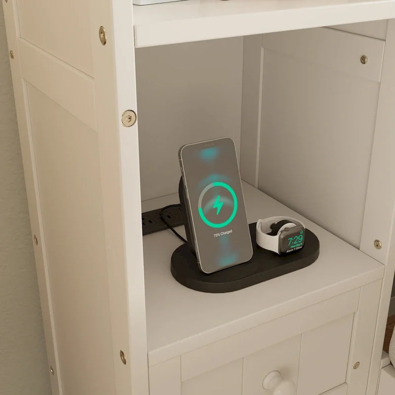 Lit plateforme en bois de pin avec 2 tables de chevet tout-en-un, une bibliothèque, 2 stations de charge et 3 tiroirs, Cadre de lit capitaine