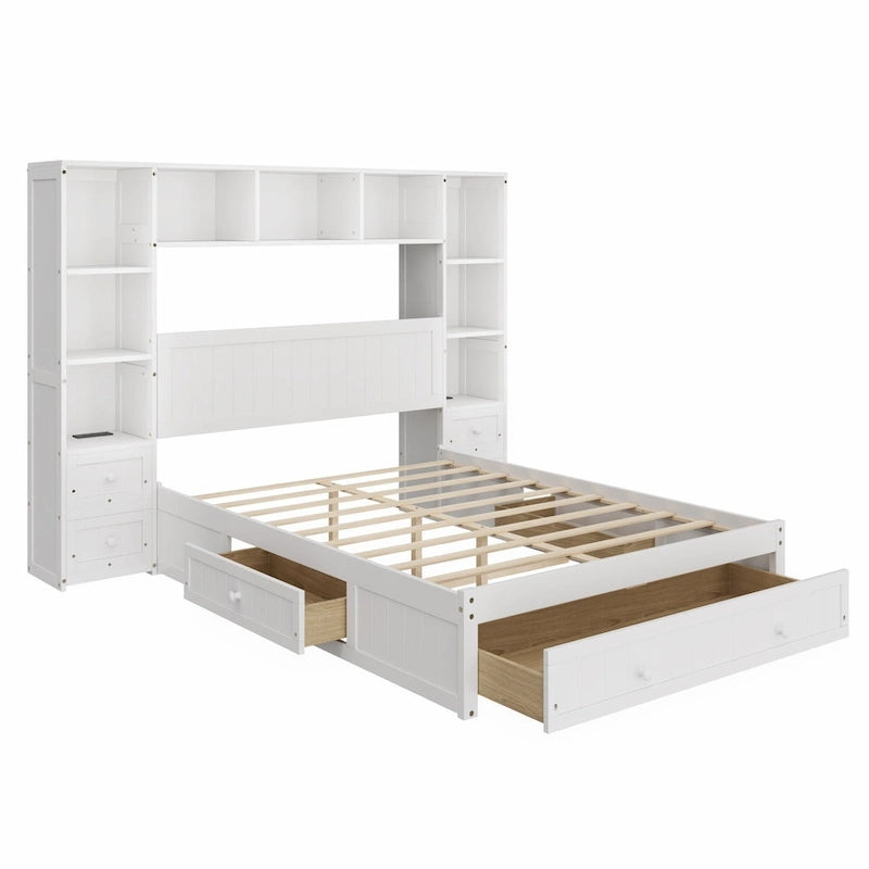 Lit plateforme en bois de pin avec 2 tables de chevet tout-en-un, une bibliothèque, 2 stations de charge et 3 tiroirs, Cadre de lit capitaine