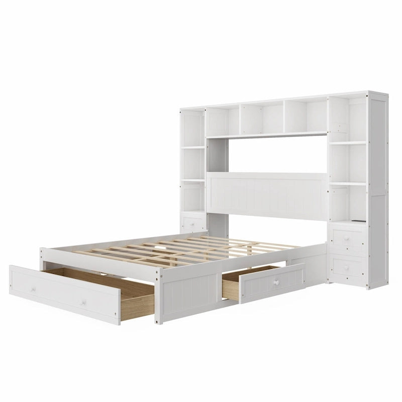 Lit plateforme en bois de pin avec 2 tables de chevet tout-en-un, une bibliothèque, 2 stations de charge et 3 tiroirs, Cadre de lit capitaine