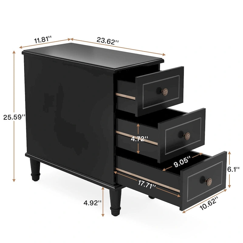 Table d'appoint en bois massif avec 3 tiroirs, table de chevet étroite entièrement assemblée