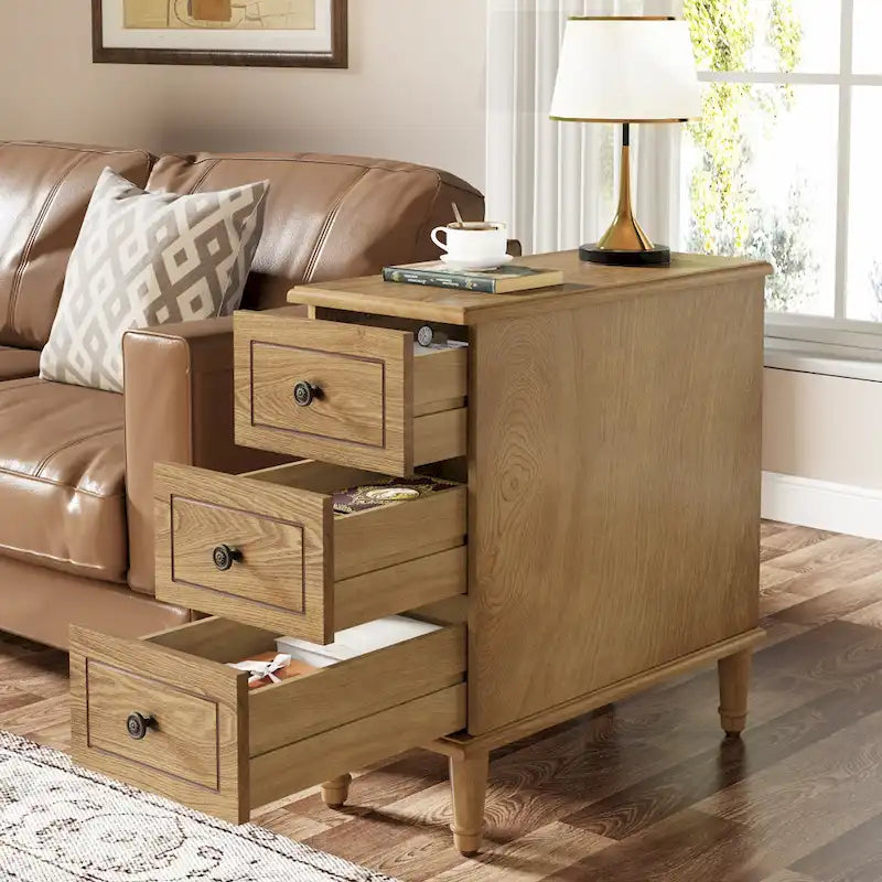 Table d'appoint en bois massif avec 3 tiroirs, table de chevet étroite entièrement assemblée