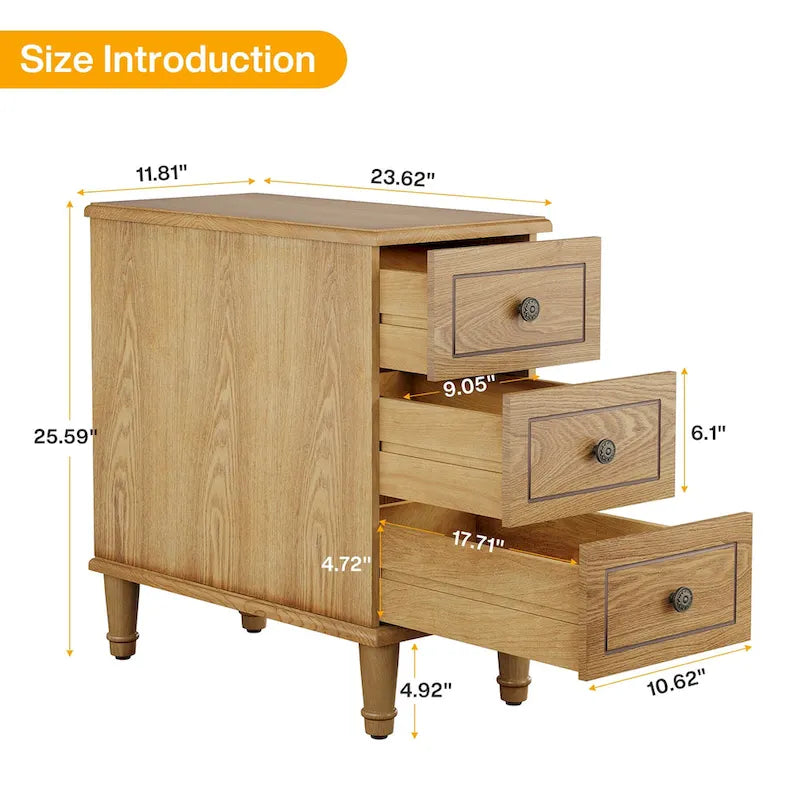 Table d'appoint en bois massif avec 3 tiroirs, table de chevet étroite entièrement assemblée