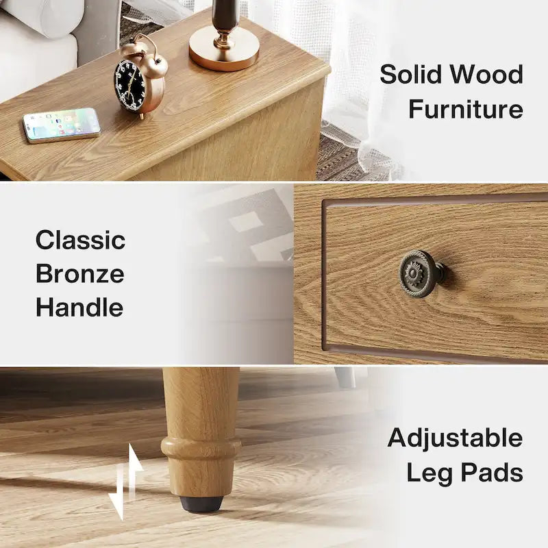 Table d'appoint en bois massif avec 3 tiroirs, table de chevet étroite entièrement assemblée