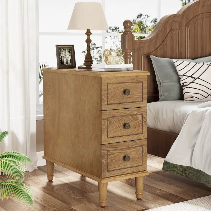 Table d'appoint en bois massif avec 3 tiroirs, table de chevet étroite entièrement assemblée