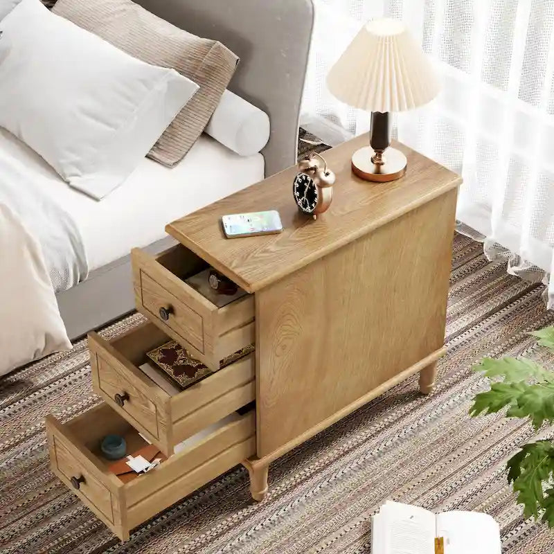 Table d'appoint en bois massif avec 3 tiroirs, table de chevet étroite entièrement assemblée