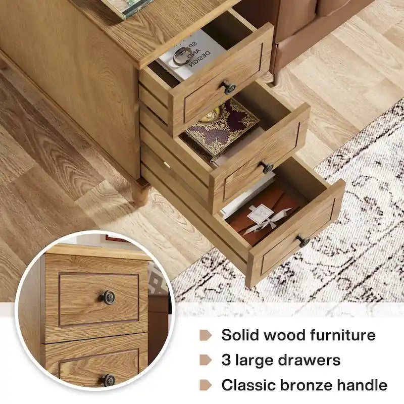 Table d'appoint en bois massif avec 3 tiroirs, table de chevet étroite entièrement assemblée