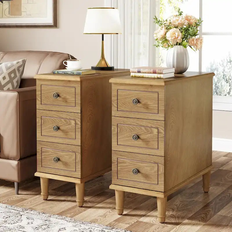Table d'appoint en bois massif avec 3 tiroirs, table de chevet étroite entièrement assemblée