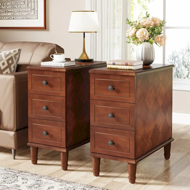 Table d'appoint en bois massif avec 3 tiroirs, table de chevet étroite entièrement assemblée