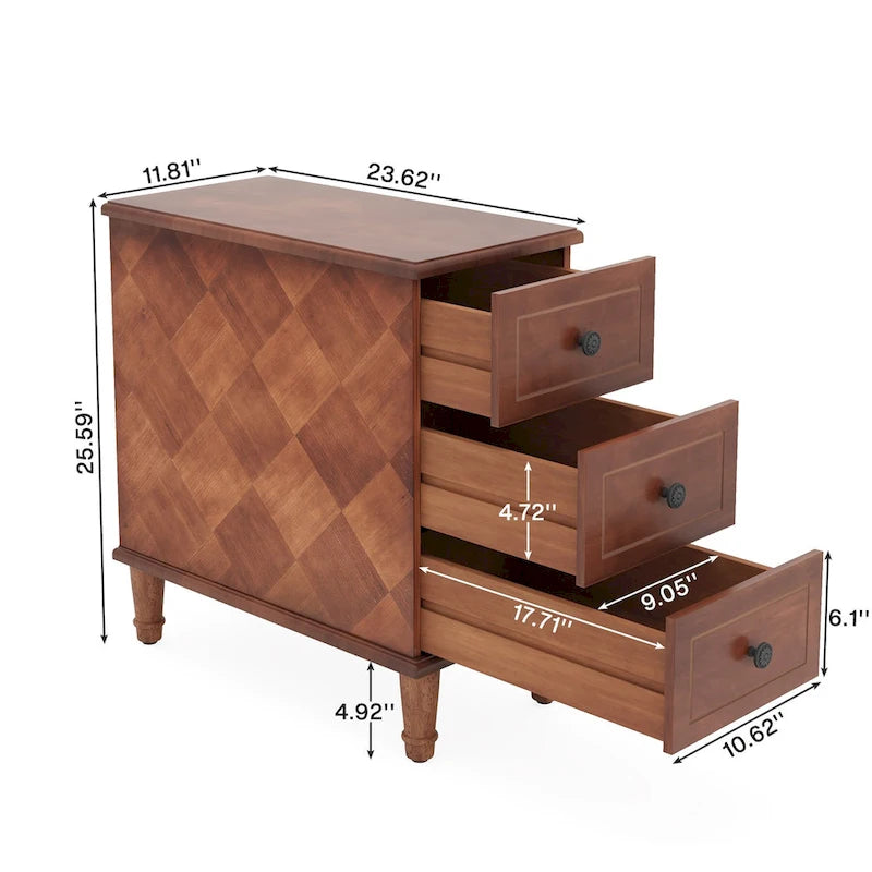 Table d'appoint en bois massif avec 3 tiroirs, table de chevet étroite entièrement assemblée