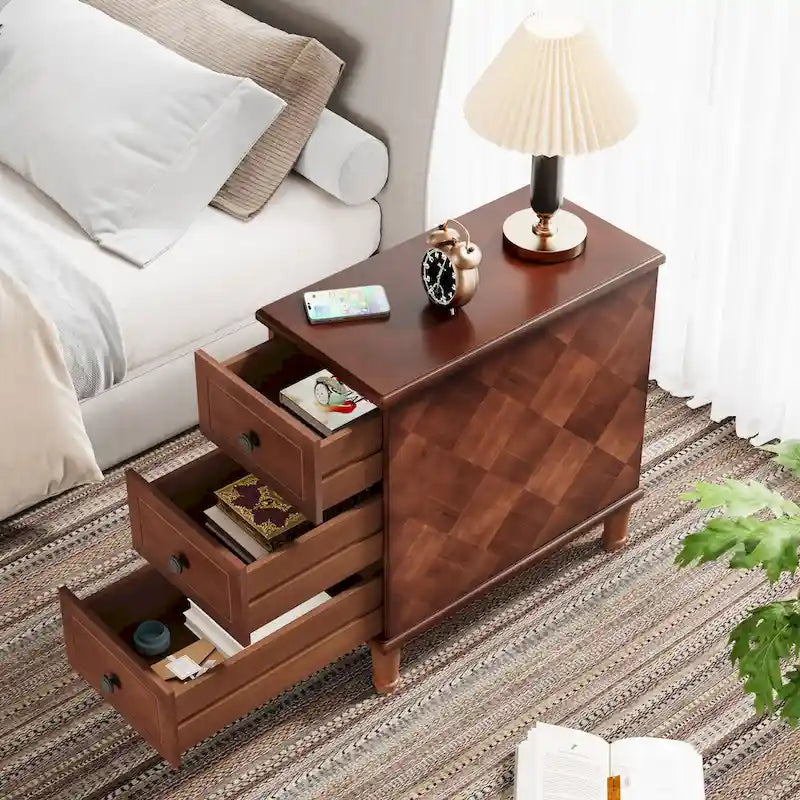Table d'appoint en bois massif avec 3 tiroirs, table de chevet étroite entièrement assemblée