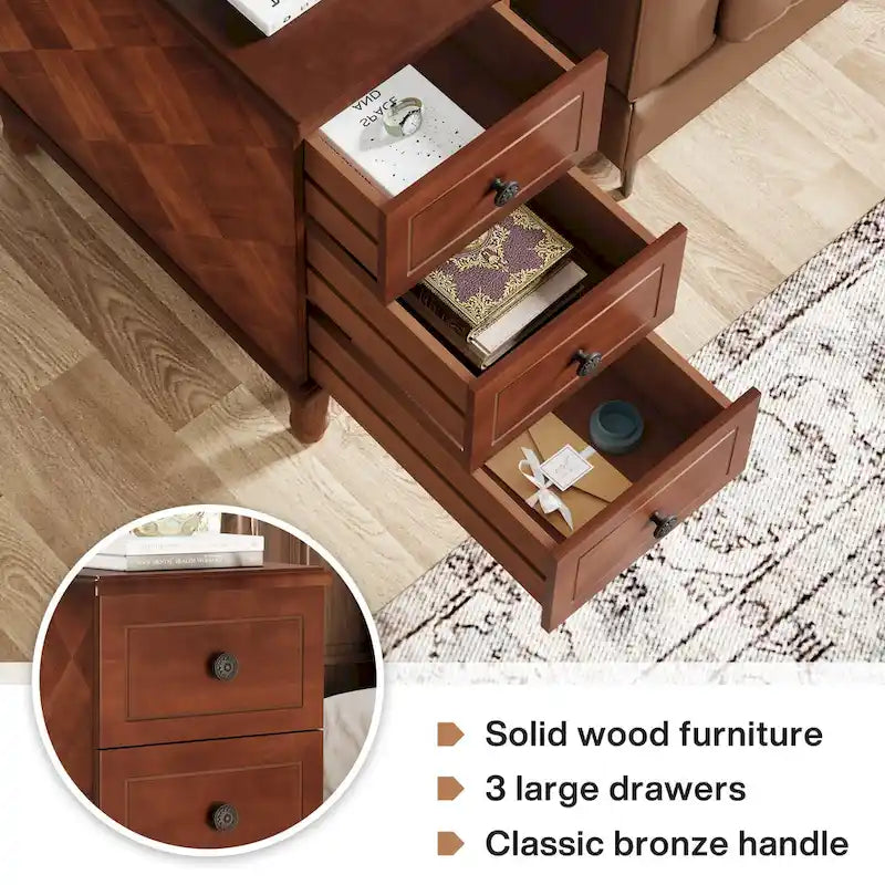 Table d'appoint en bois massif avec 3 tiroirs, table de chevet étroite entièrement assemblée