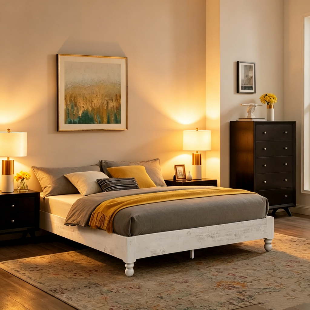 Cadre de lit plateforme 12 lattes en pin massif, style rustique, blanc vieilli, taille King — Blanc vieilli