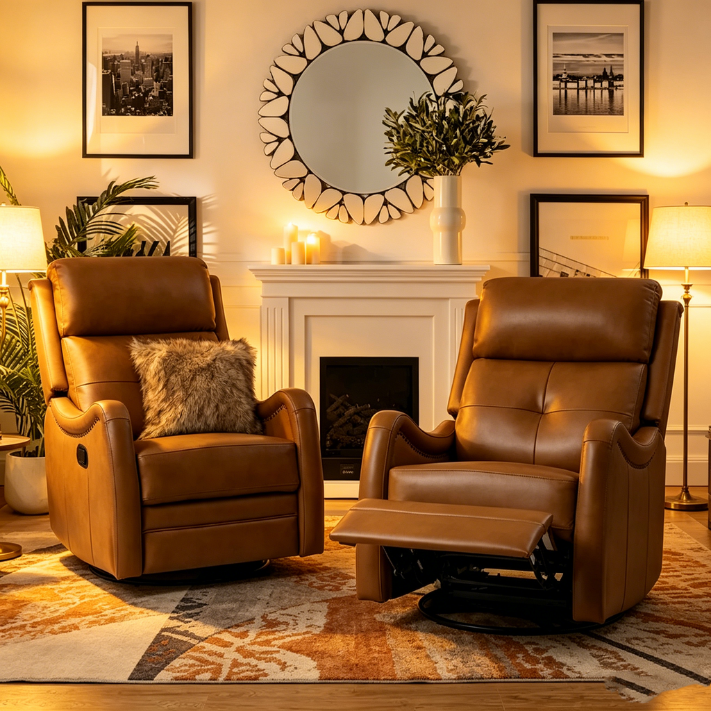 Fauteuil inclinable pivotant et berçant en cuir véritable (avec clous décoratifs) — Ensemble de 2 pièces