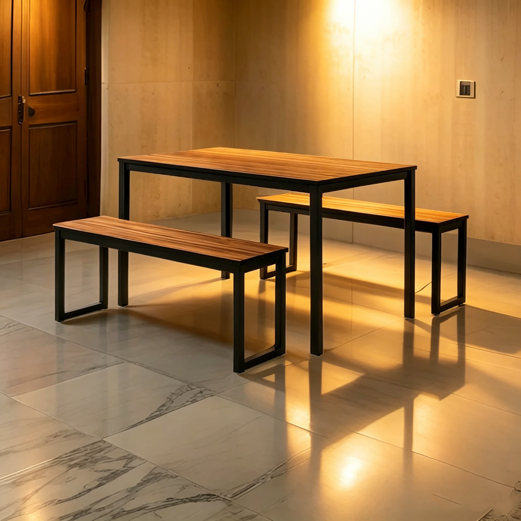 Ensemble table à manger 3 pièces, 2 bancs, plateau grain de bois marron, métal noir