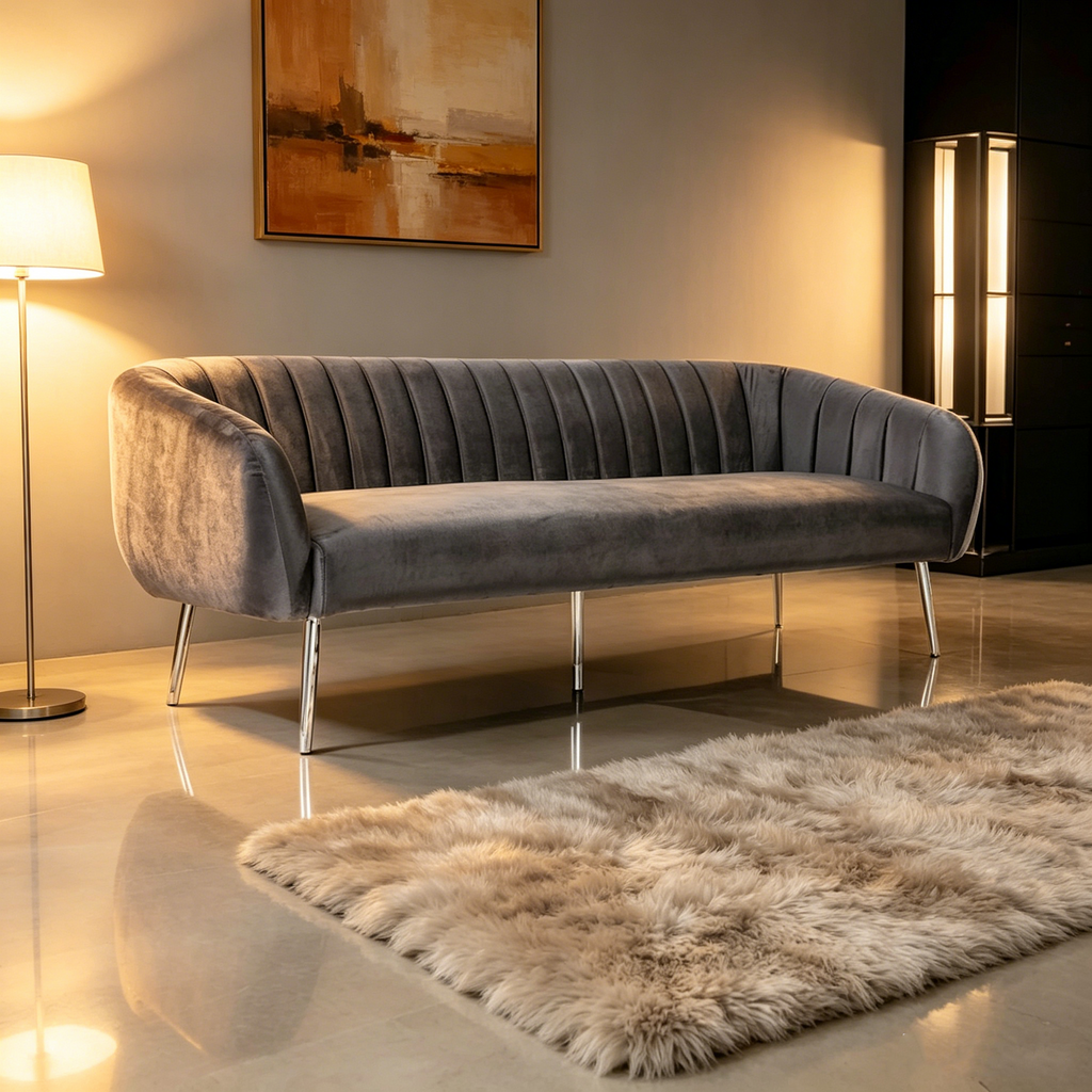 Canapé de 188 cm, capitonnage à rayures, assise rembourrée, velours gris, argent