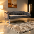 Canapé de 188 cm, capitonnage à rayures, assise rembourrée, velours gris, argent