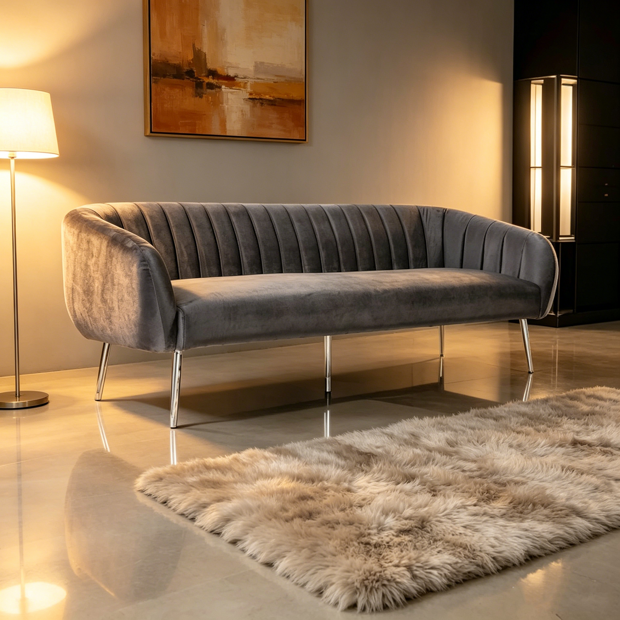 Canapé de 188 cm, capitonnage à rayures, assise rembourrée, velours gris, argent