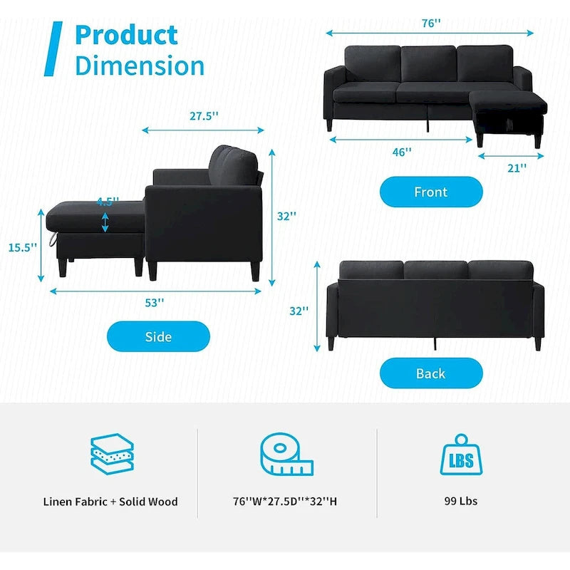 Canapé modulable (avec pouf de rangement et méridienne réversible)