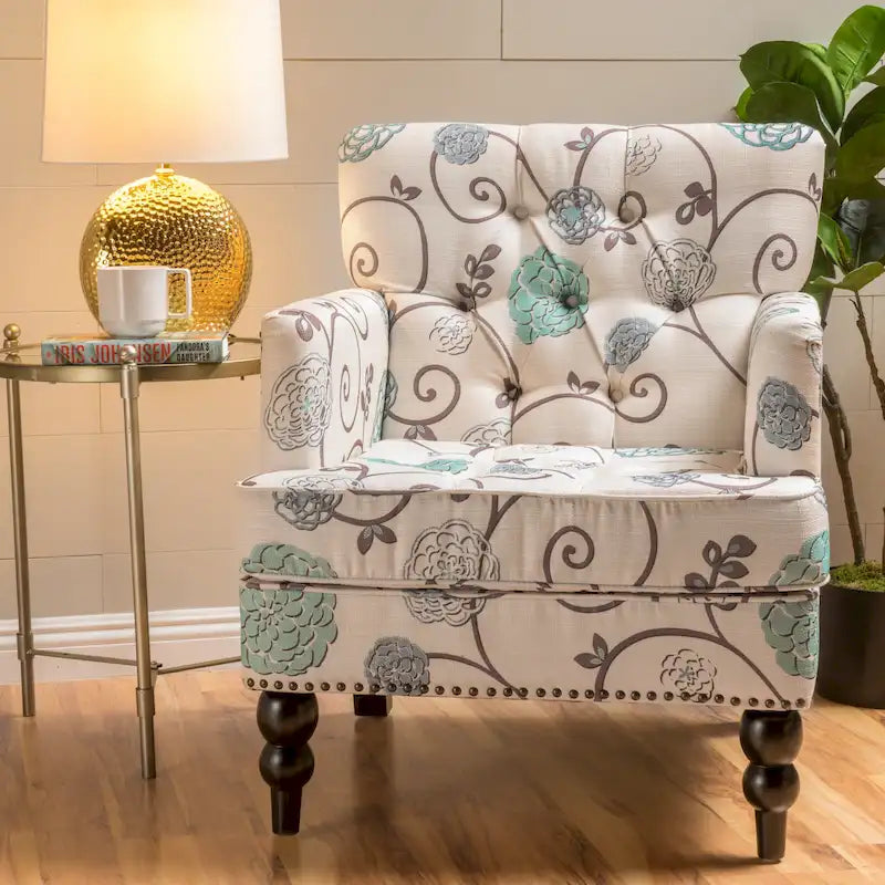 Fauteuil club capitonné en tissu floral — 71,1 cm L x 74,9 cm l x 85,1 cm H