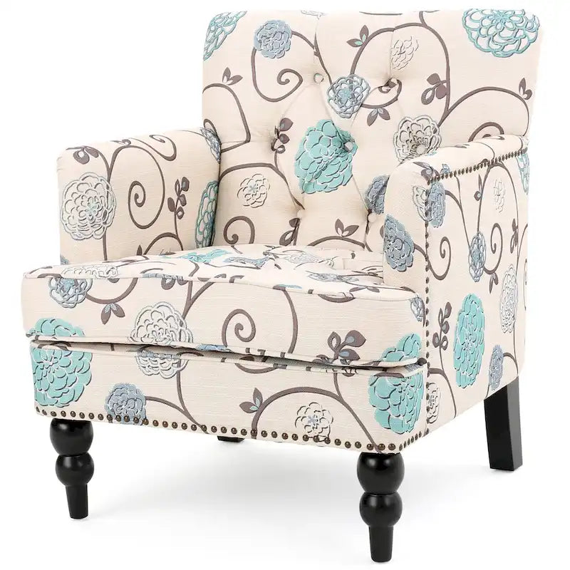 Fauteuil club capitonné en tissu floral — 71,1 cm L x 74,9 cm l x 85,1 cm H