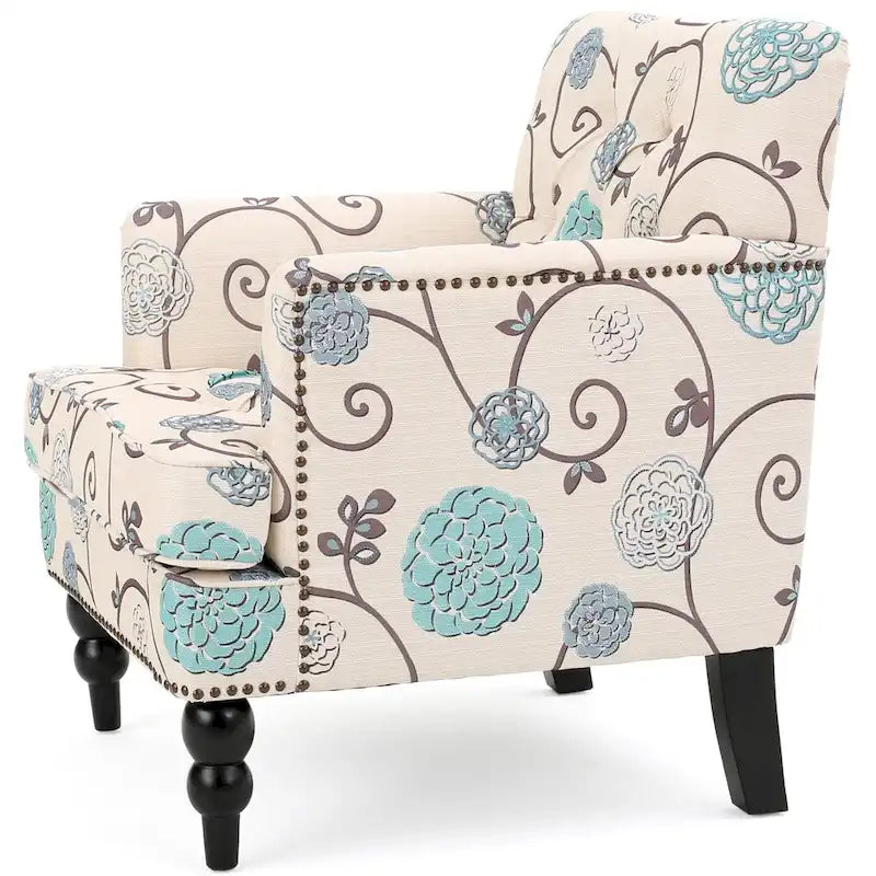 Fauteuil club capitonné en tissu floral — 71,1 cm L x 74,9 cm l x 85,1 cm H