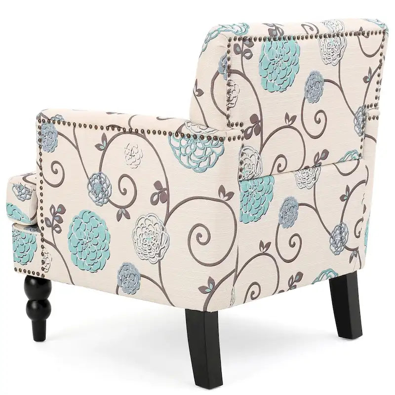 Fauteuil club capitonné en tissu floral — 71,1 cm L x 74,9 cm l x 85,1 cm H