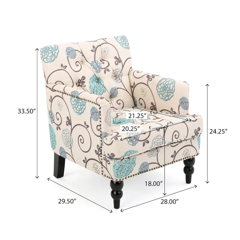 Fauteuil club capitonné en tissu floral — 71,1 cm L x 74,9 cm l x 85,1 cm H