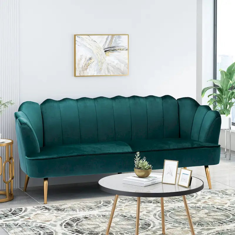 Magnifique canapé 3 places en velours en forme de coquille — 76,25" L x 29,25" l x 33,50" H