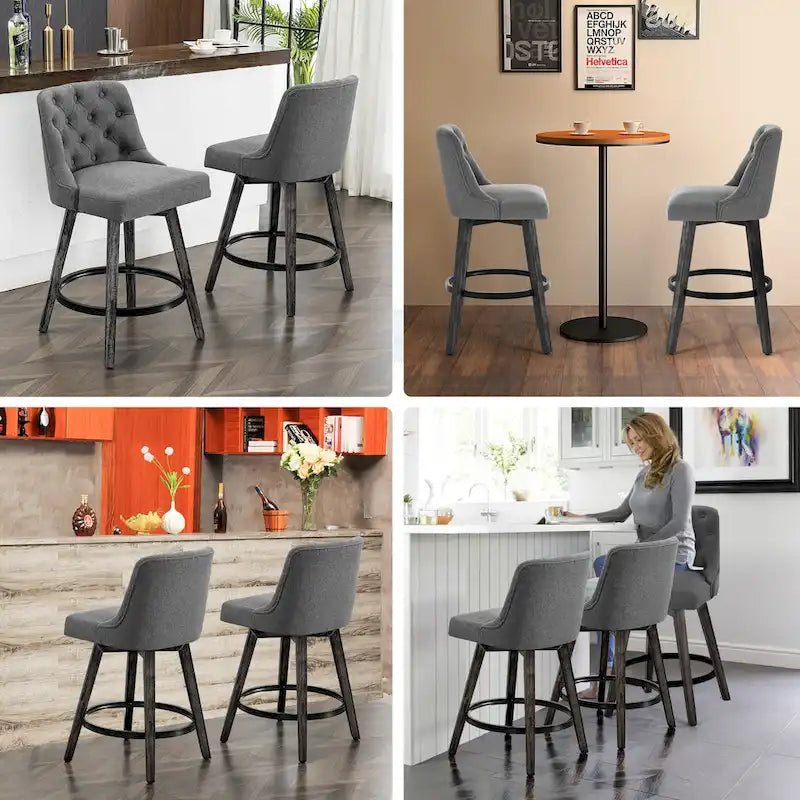 Tabourets de bar pivotants capitonnés avec pieds façon bois — Lot de 2