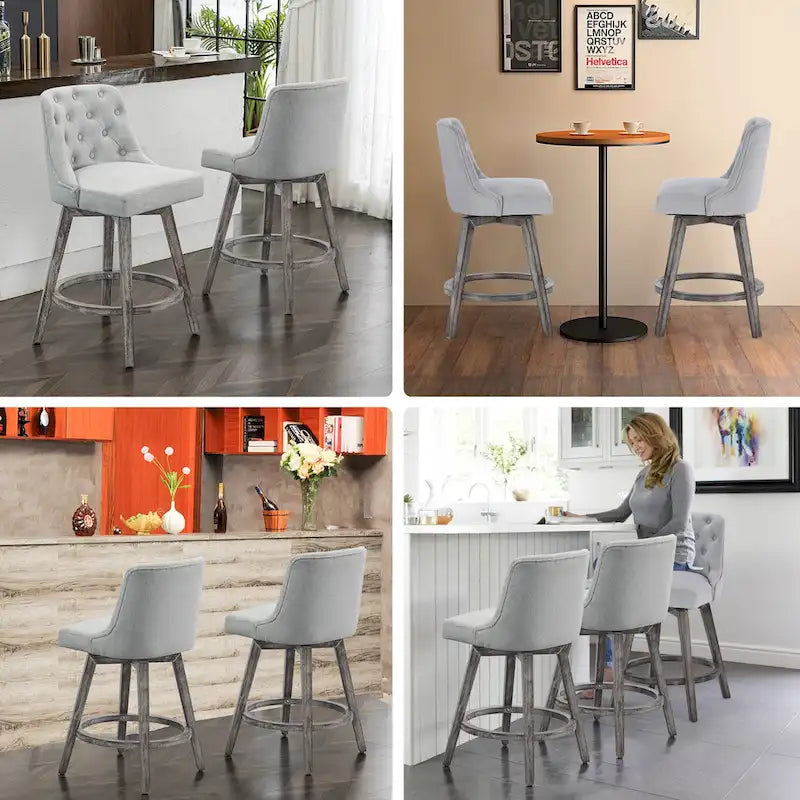 Tabourets de bar pivotants capitonnés avec pieds façon bois — Lot de 2