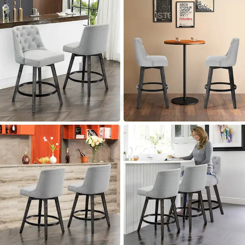 Tabourets de bar pivotants capitonnés avec pieds façon bois — Lot de 2