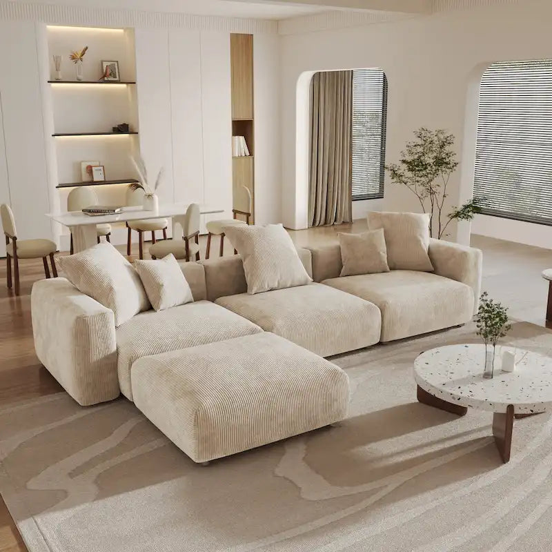 141,73 Canapé sectionnel modulaire réversible en velours côtelé, grand, en forme de L avec pouf et oreiller