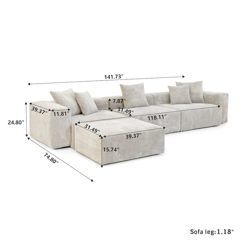 141,73 Canapé sectionnel modulaire réversible en velours côtelé, grand, en forme de L avec pouf et oreiller