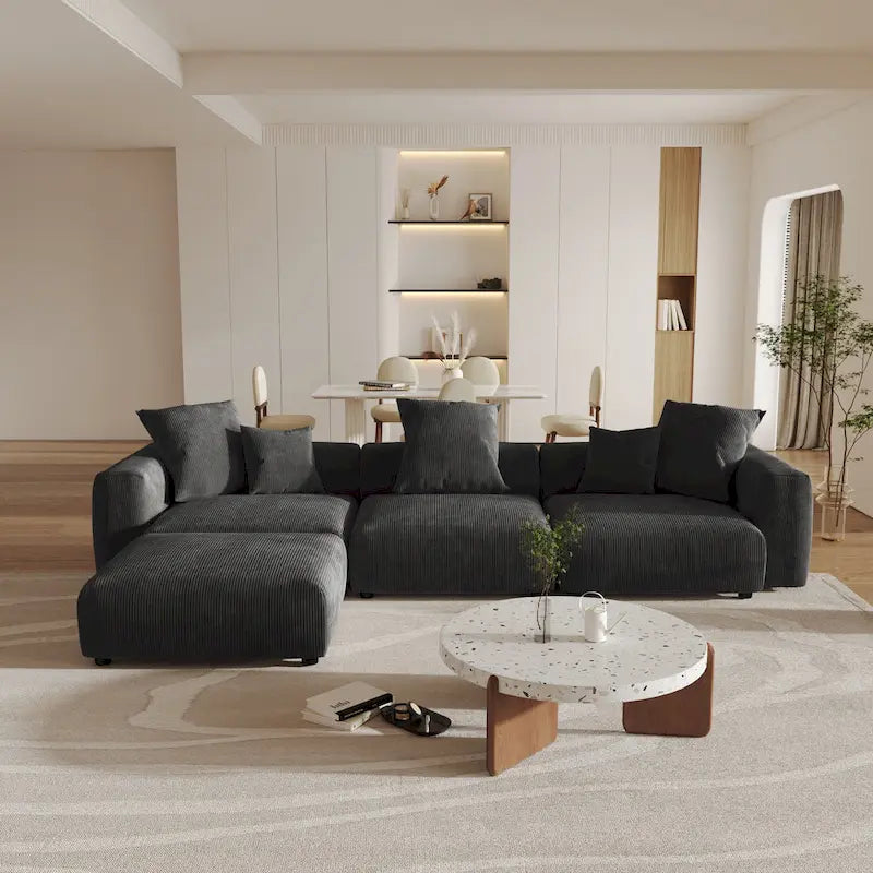 141,73 Canapé sectionnel modulaire réversible en velours côtelé, grand, en forme de L avec pouf et oreiller