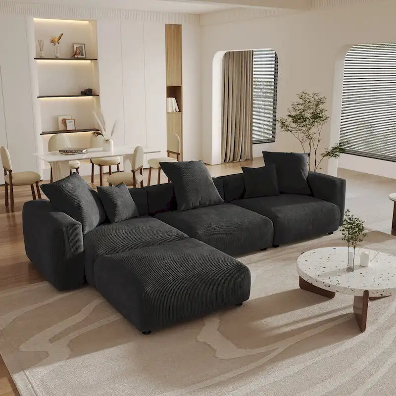 141,73 Canapé sectionnel modulaire réversible en velours côtelé, grand, en forme de L avec pouf et oreiller