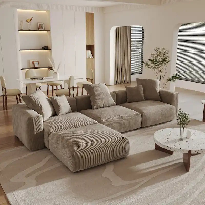 141,73 Canapé sectionnel modulaire réversible en velours côtelé, grand, en forme de L avec pouf et oreiller
