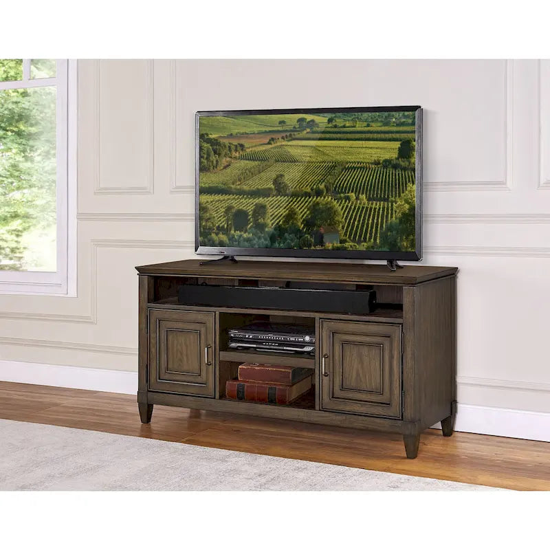 Meuble TV en bois massif — Design à panneaux assemblés en chêne