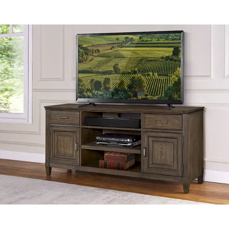 Meuble TV en bois massif — Design à panneaux assemblés en chêne