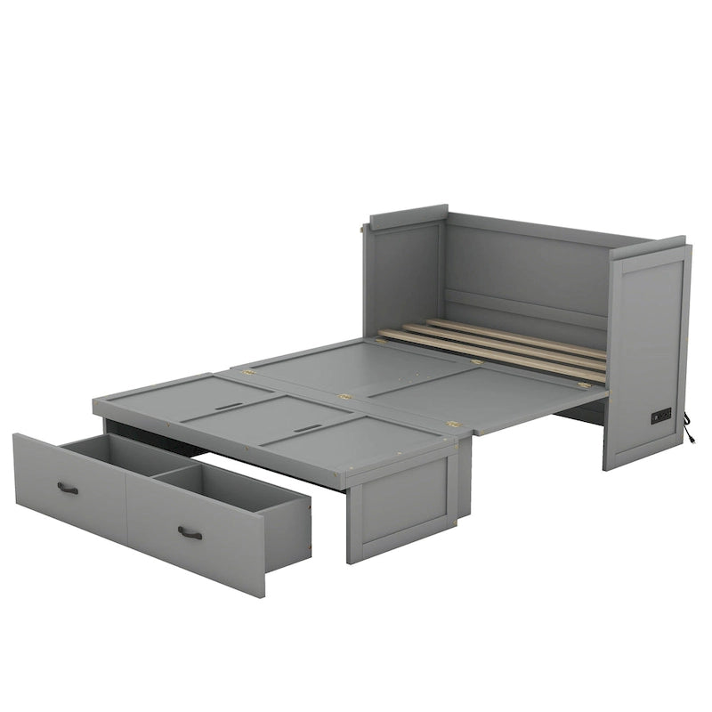 Lit escamotable grand format avec port USB et grand tiroir, gris